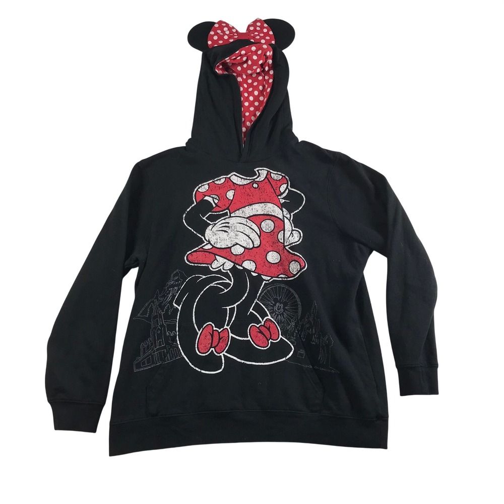Disney Parks Minnie Mouse Ears Bow Hoodie Black Red Polka Dot XXL Pullover